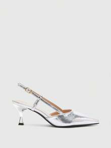 CUCCOO BIZCHIC 女士尖头高跟细高跟鞋，杏色亮面露跟套穿式连衣裙鞋，适合通勤和日常穿着 - 紋理銀色 - 查看 2