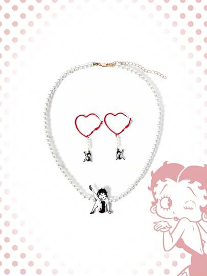 Betty Boop | ROMWE Elegant Faux Pearl Necklace And Earring Set With Cute Heart And Figure Pattern