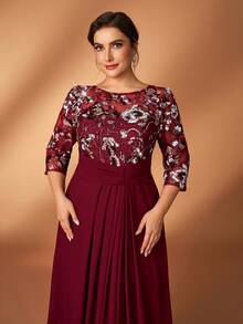 Serin Abito elegante e romantico in vino rosso con maniche a 3/4, in chiffon di lusso con perline e vita arricciata a vita, adatto per matrimoni, feste, celebrazioni, abiti da sera formali, madre della sposa - Bordò - Visualizzare 8