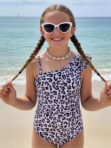 Tween Girls' Leopard Print Ruffle Trim One-Piece Swimsuit Tween Cheetah Print Bathing Suits Cheetah Print Top Tween Tween Girl Leopard Set Tween Leopard Swimsuit Leopard Print Swimsuit Tween - Mocha Brown - View 1