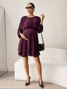 MaterniWear Đầm bầu tay dài màu trơn, kiểu xoắn phía trước. - Màu Đỏ Sâu - Xem 5
