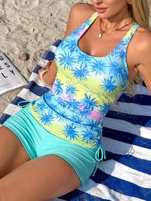 Swim Lushoire Women's Swimsuit Set With Drawstring, Crossed Straps, Tummy Control, Tropical Plant & Coconut Tree Print, Fashionable Casual Vacation 2 Pieces, Suitable For Spring, Summer, Autumn, Winter