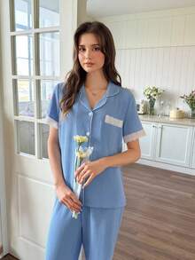 SHEIN Women's Fresh Blue Lace Trim Short Sleeve Pajama Set - Mint Blue - View 4