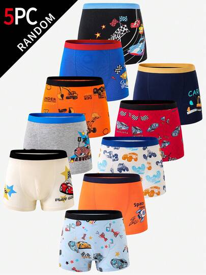 Young Boys Trunks-Random Five Pack Colorful Cartoon Vehicle Dinosaur Stars Fun Patterns Elastic Waist Comfortable All Season Versatile Tagless Fit Durable Easy Care Machine Washable Holiday 2026 Gift Essential Playful Everyday Style