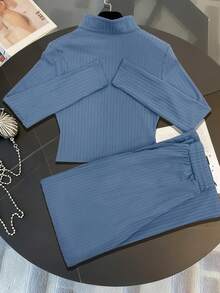 Resyla Women's Cross Embroidery Zip Front Cardigan And Drawstring Waist Pants Casual Suit - Blue - View 2