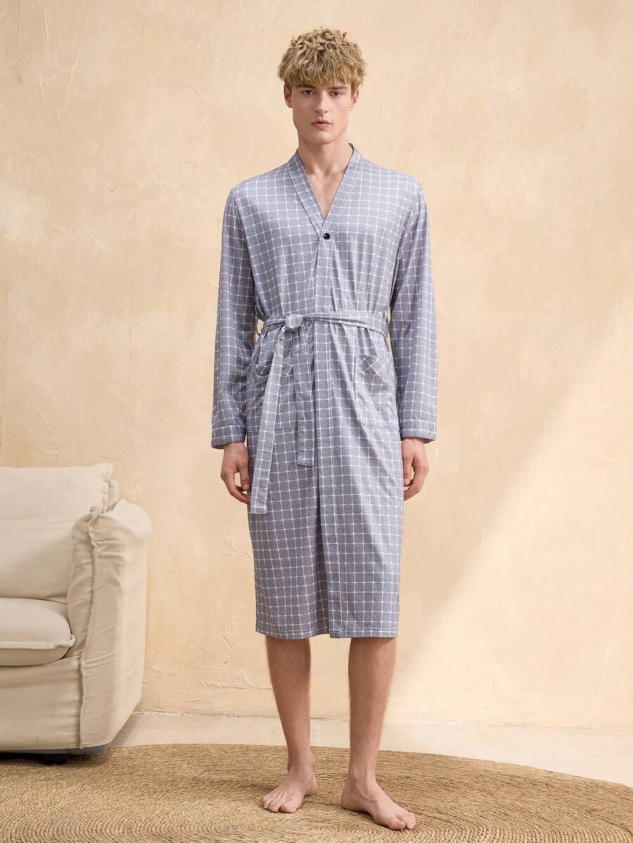 SHEIN 男士灰色格子印花浴袍一件 - 灰色 - 查看 1