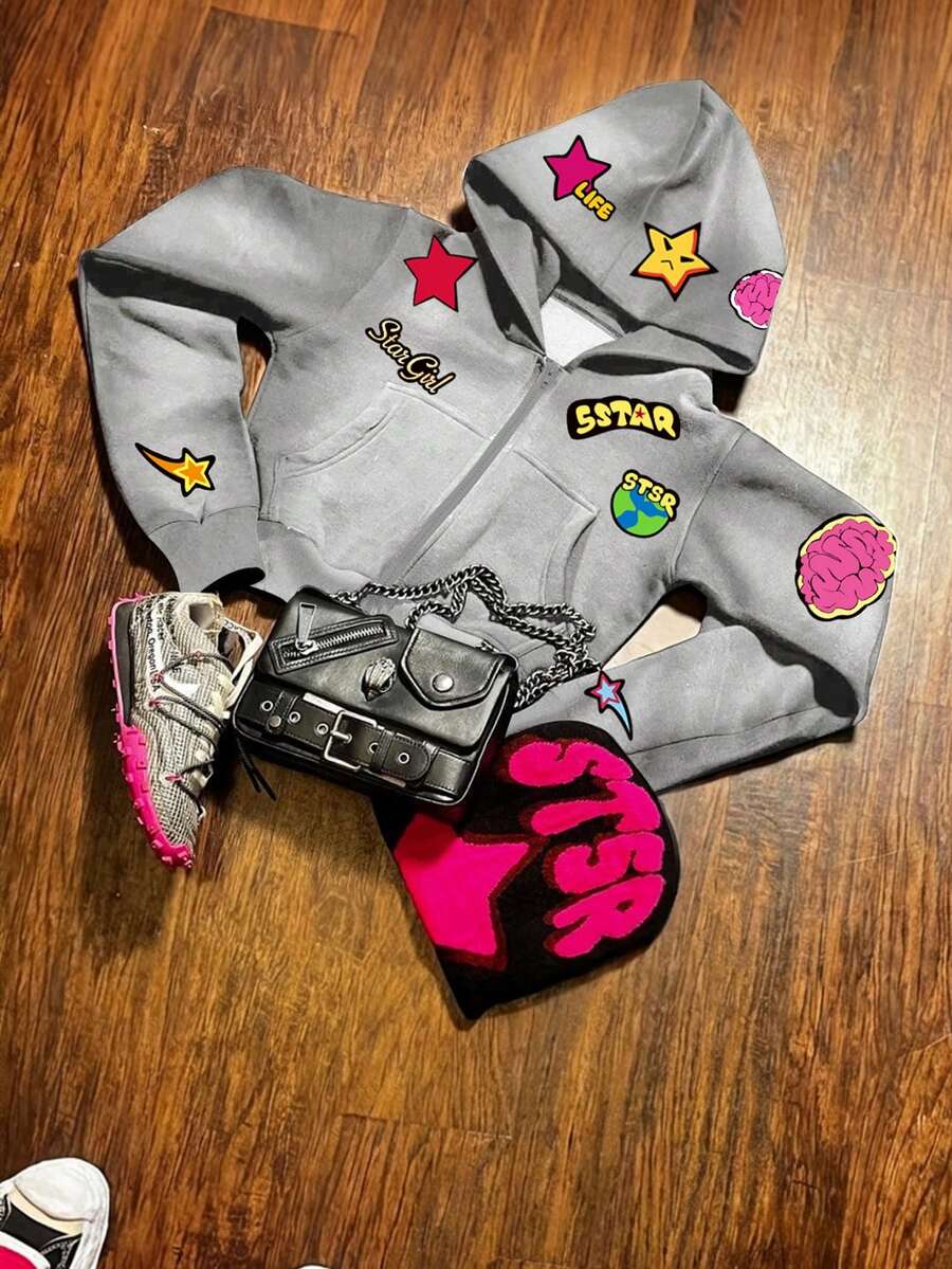 Glimmora Hooded With Pockets Fashion Five-Pointed Star Pattern Cropped Zip-Up Sweatshirt - Grey - View 1