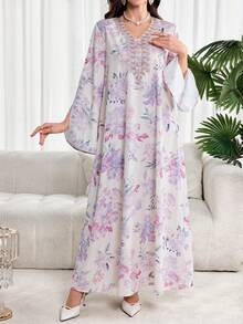 Al Najma Women's Floral Embroidery V-Neck Flare Sleeve Elegant Arabic Style Dress - Multicolor - View 6