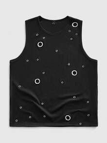 ROMWE MEN Grunge Punk Men's Knitted Eyelet Design Crew Neck Casual Tank Top - Black - View 7