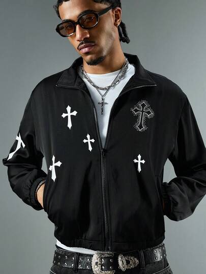 Street Life Veste zippée à col montant avec imprimé croix, manches longues pour homme