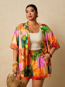 Travachic Plus Size Tropical Print Top And Shorts 2 Pieces Set, Casual Holiday Outfit - Multicolor - View 1
