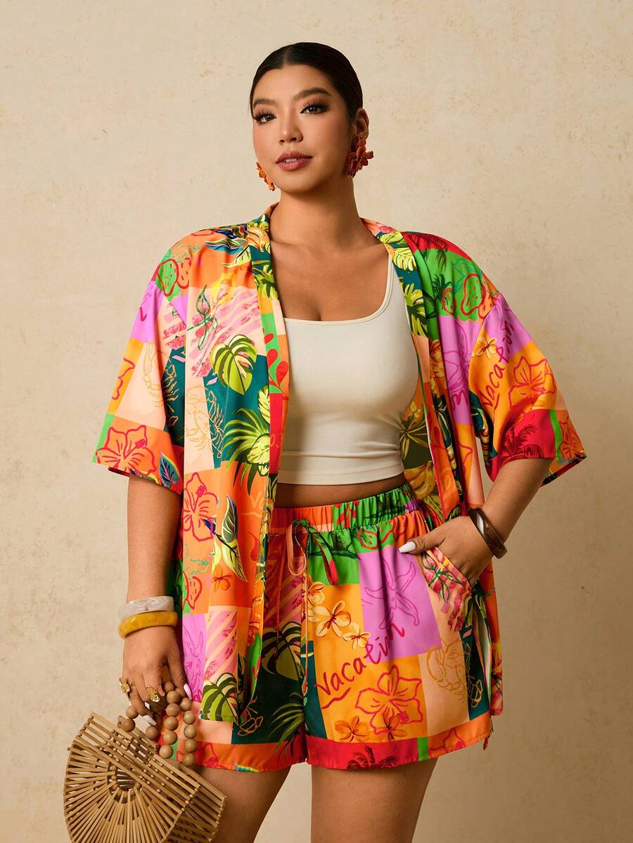 Travachic Plus Size Tropical Print Top And Shorts 2 Pieces Set, Casual Holiday Outfit - Multicolor - View 1
