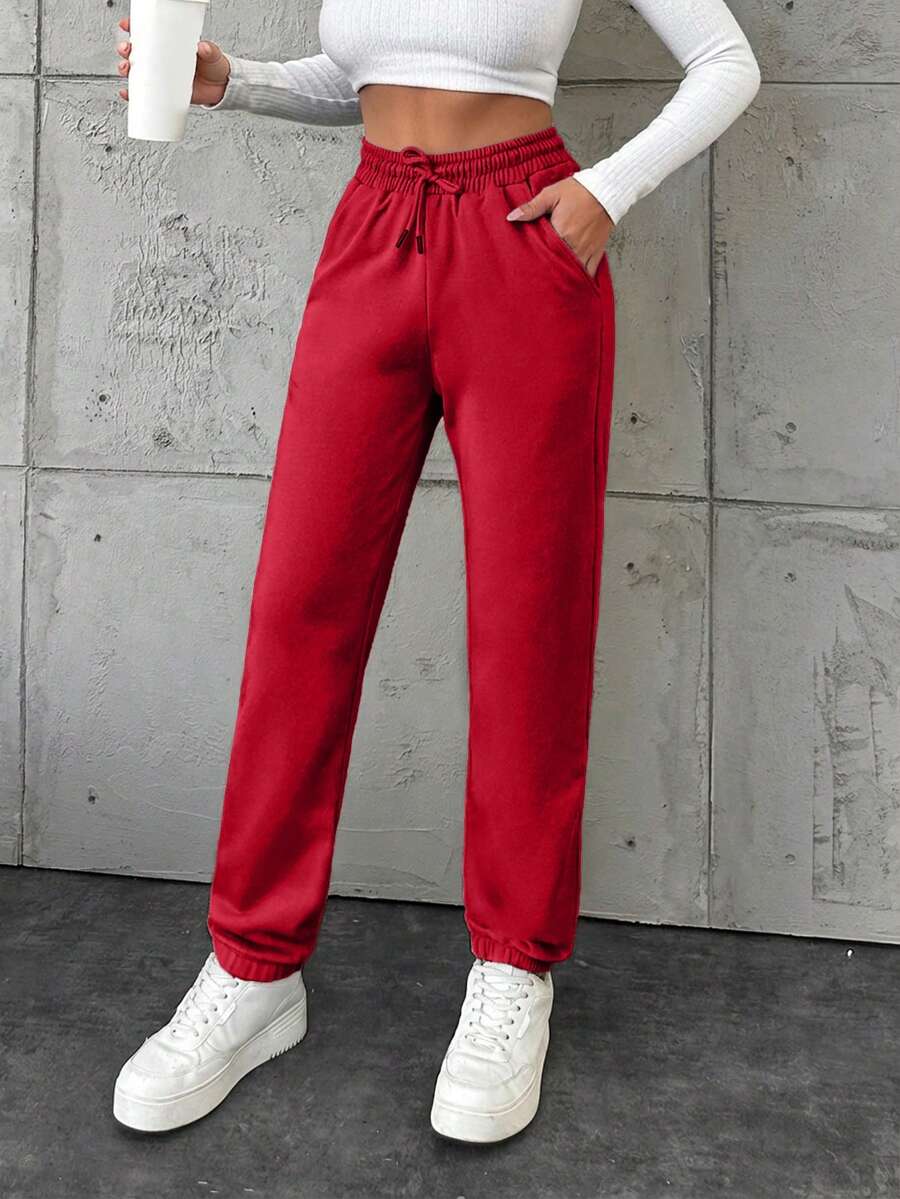EURMUSE Cotton Women's Drawstring Waist Pocket Jogger Pants - Red - View 1