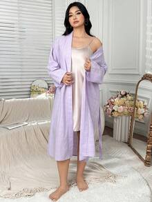 Dazy Plus Plus Size Women Casual Plaid Loose Tie-Front Long Robe, Purple, Spring/Autumn Pajamas - Mauve Purple - View 3