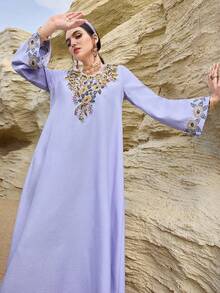 Al Najma 优雅、奢华、浪漫的刺绣串珠装饰土耳其女士长裙，阿拉伯传统长袍 - 紫色 - 查看 6