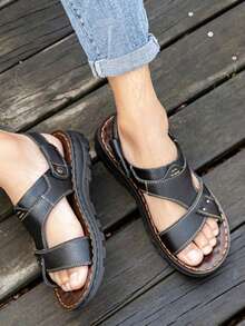 Sandalias De Piel Hombre Negras,Deportivas Al Aire Libre, Antideslizantes, De Suela Blanda Y Con Punta Abierta, Para Conducir Y Playa - Negro - Ver 2