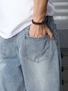 Logeqi® Jeans Vaqueros Baggy de pierna curvada Lavados de Color Negro De Moda Casual Formal Hippie Rockero Para Hombre - Azul - Ver 10