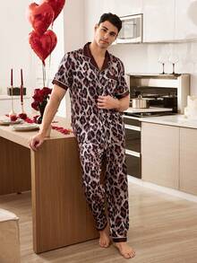 SHEIN 仿丝绸豹纹印花滚边开衫睡衣套装