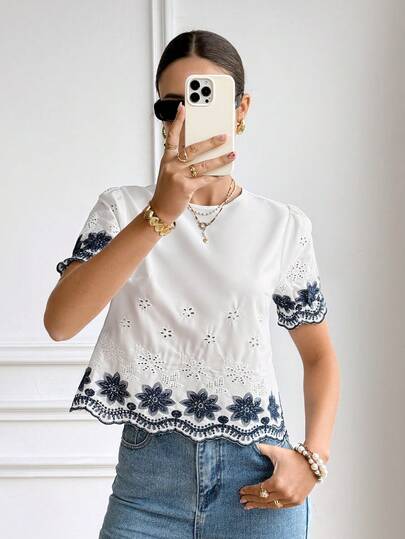 Serisse Women's Summer Vacation Vibe Embroidered Faux Linen Women Crop Top Round Neck Short Sleeve Shirt Blouse, Contrast Color Cutout Embroidered Floral Blouse Suitable For Holiday And Outing Embroidered Top Mesh Tube Top Embroidered Top Beach Vacation Resort Wear Women Boho Boho Top Off The Shoulder Top Going Out Tops Women Casual, Casual Blouses For Women, Going Out Top, Summer Tops Eyelet Top For Women Summer Casual Tops