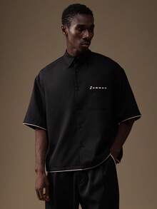 SUMWON Relaxed Fit Short Sleeve Button Down Shirt With Minimal Logo Print Casual Weekend Plain - Black - View 1