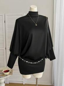 SHEIN EZwear Đầm suông hở lưng tay cánh dơi cổ cao thời trang cỡ lớn, phù hợp cho mùa xuân và mùa thu - màu đen - Xem 2