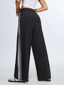 Eassivo Eassivo Calça esportiva feminina de corte reto com detalhes em fita lateral, ideal para academia, treinos, atividades ao ar livre e deslocamentos diários. - Preto - Ver 2