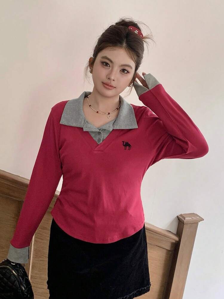 Dazy Plus Valentine Color Block Splicing Shirt Collar 2 In 1 Fashionable Casual Fitted Long Sleeve Red Plus Size Women T-Shirt
