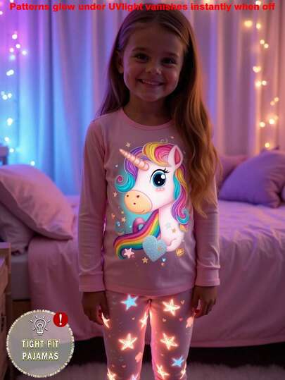 2pcs/Set Young Girls Pajamas, Glow-In-The-Dark Cute Unicorn Print Knit Tight Fit Round Neck Long Sleeve Top And Pants Sleepwear Set