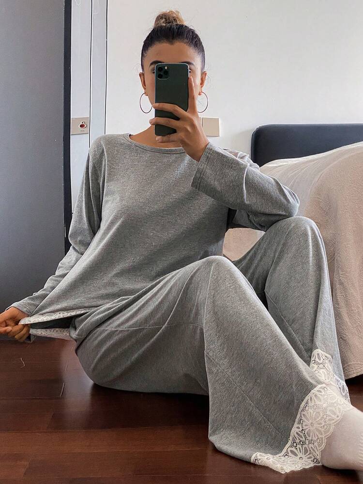 Contrast Color Lace Patchwork Top And Pants Women Pajama Set