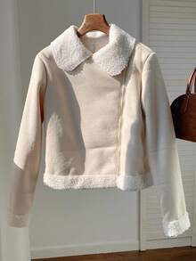 SHEIN EZwear Teddy Lined Zip Up Moto Jacket In Fall/Winter - Beige - View 5