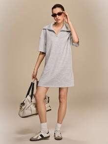 Hanevo Spring/Summer New Casual Elegant Fashion Vacation Lightweight Outdoor Sports Loose Commute Dropped Shoulder Half Sleeve Short Cropped H-Line High Collar Knit Women Mini Dress - Grey - View 3