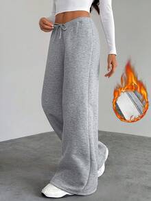 SHEIN Tall بنطلون رياضي فضفاض بقصة واسعة للساق ذو لون أحادي بسيط للنساء، مناسب للتخرج، العودة إلى المدرسة، وملابس المعلمات - رمادي فاتح - مشاهدة 4