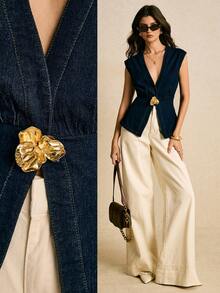 Poéselle 女式 Y2K 金属 3D 花卉装饰深 V 无袖性感牛仔上衣 - 深色水洗藍 - 查看 1