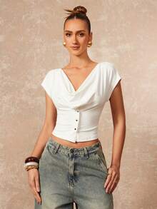 Lumalex Early Spring 2-Way Wear Dropped Shoulder Draped Waist Metal Buckle Short Sleeve Soft & Comfortable Women T-Shirt Vacation Birthday Wedding Guest Wedding Party Summer Holiday Beach Luxury Look Quiet Luxe Prom Gathering Party Banquet Modest Old Money Rave Festival Richly Layered Al-Adha Party Crop Tops Women Button Front Top Cowl Neck Top - White - View 9