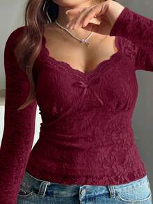 SHEIN Clasi Celure 大码女式法式浪漫蕾丝蝴蝶结性感上衣 - 酒紅色 - 查看 3