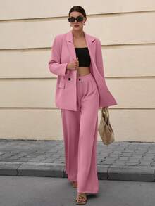 EURMUSE Women's Solid Color Notched Collar Single-Breasted Long Sleeve Jacket And Wide-Leg Pants Casual Business Suit Set - Dusty Pink - View 4