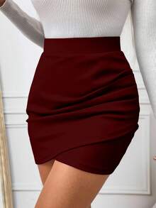 SHEIN Frenchy 女士时尚纯色紧身迷你裙 - 酒紅色 - 查看 5