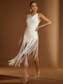 Hauture Women's Sexy Solid Color Cowl Drape Neck Fringe Asymmetrical Top - Apricot - View 4