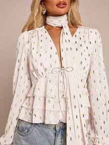 Glamine Charm Blusa casual da donna in stile francese con motivo a foglie metallizzate, orlo con volant staccabile, adatta per autunno/inverno - Rosa Baby - Visualizzare 6