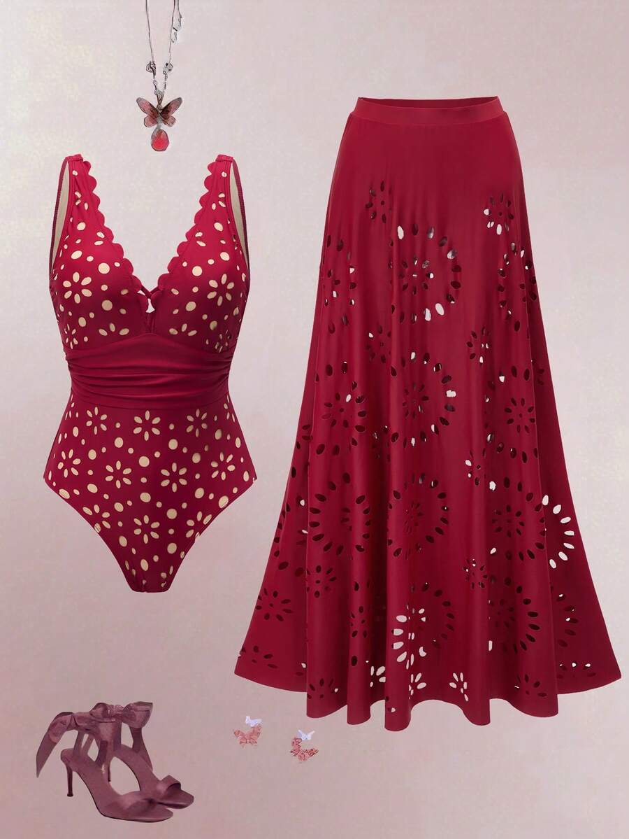 Swim Oasis Women's Beach Vacation Casual One Piece Swimsuit & Skirt Set - Rust Brown - View 1