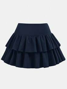 Girlism 少女休闲、运动、上学、返校季短裤搭配荷叶边裙摆半身裙，交叉腰线设计半身裙，春夏藏蓝色短裙 - 藏蓝色 - 查看 2