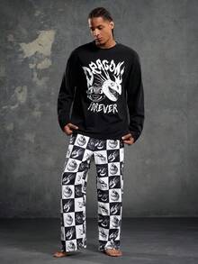 SHEIN How to Train Your Dragon Men's Western Dragon & Letter Print Long Sleeve Top And Pants Loose Fit Loungewear Set, Spring/Autumn - Black - View 3