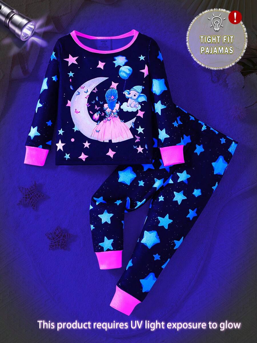 2pcs Baby Girl Black Background Colorful Glow In The Dark Print Snug Fit Long Sleeve Top And Pants Pajama Set - Blue - View 1