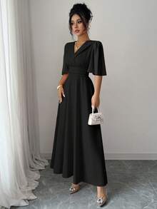 Elenzga Đầm nữ mới, cổ bẻ, eo xếp ly, chất liệu chiffon, phối họa tiết, tay bồng, thích hợp mặc thường ngày, đi nghỉ mát, đi nghỉ mát, thanh lịch. - màu đen - Xem 6