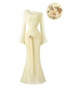 Modelyn Cream-Colored Asymmetric-Shoulder Hollow-Out Mesh Dress - Butter Yellow - View 4