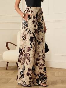 Lilora Women's Elegant All-Over Print Waist Tie Casual Fashion Pocket Pants