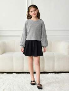 SHEIN Tween Girl Student Clothes, Lantern Sleeve Basic Style, Back To School, Opening Ceremony, Daily Wear, School, Travel, Sports, Winter - Light Grey - View 8