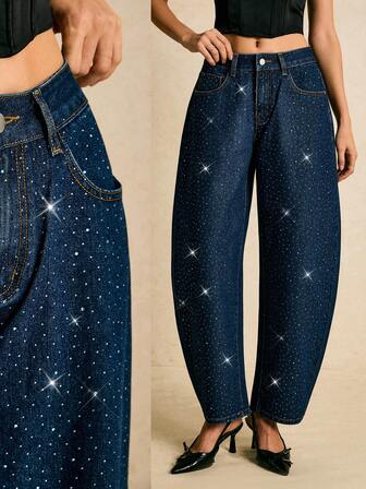 Poéselle Dammode med utsvängda jeans och strassutsmyckning för pendlare