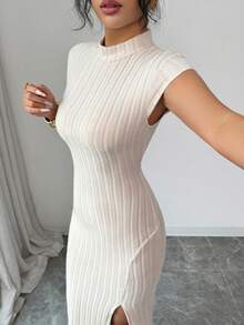 Elenzga Vestido casual y elegante para mujer, con cuello alto, manga raglán, acanalado, con cintura y abertura lateral - Albaricoque - Ver 6