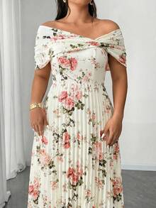 Elenzga 大码女装春夏新款柔粉色碎花连衣裙，不对称肩部荷叶边下摆，浪漫性感腰部褶皱长裙。适合浪漫假期、激情约会、旅行、都市郊游、音乐节、浪漫场合，以及打造吸睛造型。 - 彩色 - 查看 4